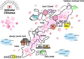 春の沖縄県の観光地のシンプル線画イラストマップ（ピンク）