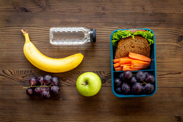 Food in lunch boxes with bottle of water, top view