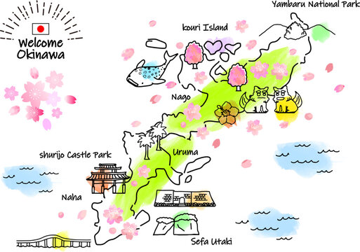 春の沖縄県の観光地のシンプル線画イラストマップ（緑）