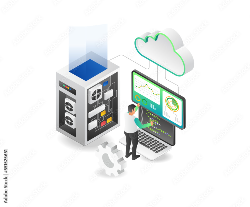Poster flat isometric illustration concept technician programmer cloud server analyst