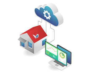 Flat isometric illustration home server cloud analysis data