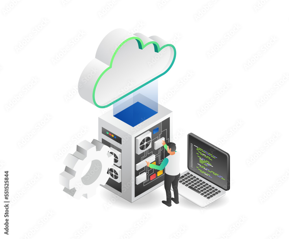Aufkleber Flat isometric illustration concept of technician programmer cloud server