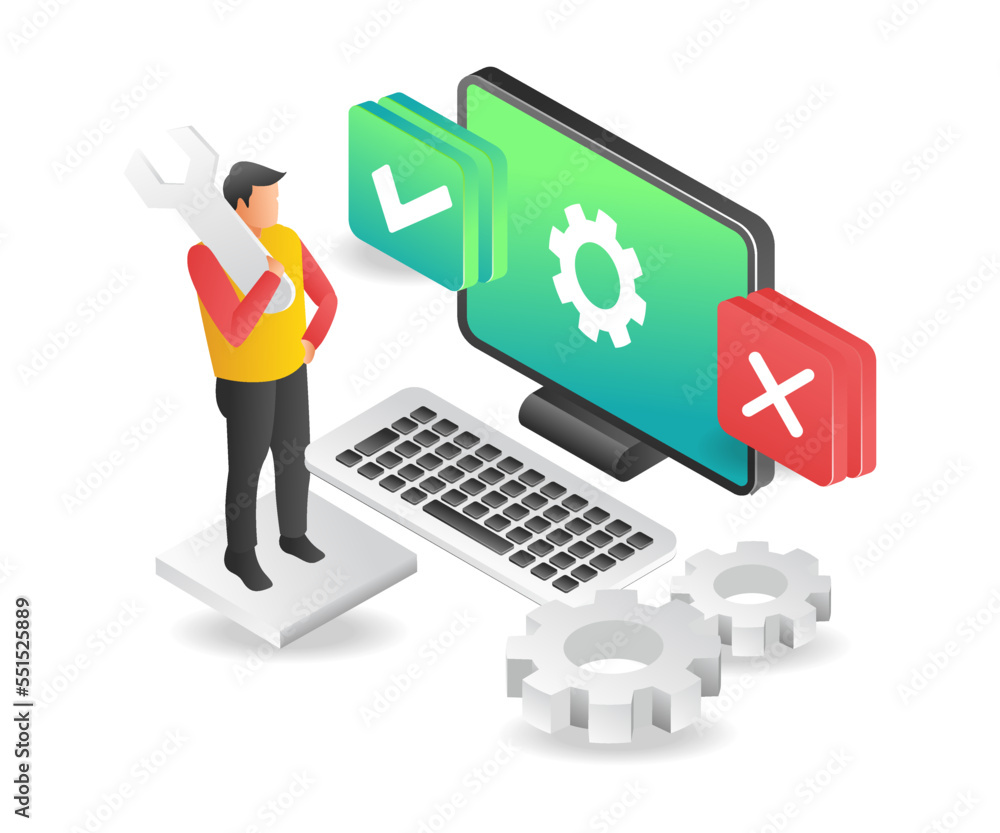 Aufkleber isometric illustration flat concept of man servicing software update