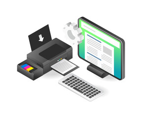 Flat isometric illustration concept print design file with computer