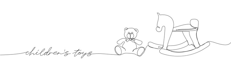 Children toy rocking horse and Teddy bear one line art with an inscription. Continuous line drawing of childhood, relax, rest, play, have fun, happy childhood, ride, kindergarten.