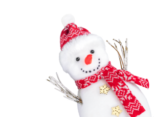Cute snowman in red hat and scarf isolated on white background. Merry Christmas and Happy New Year! For your decor