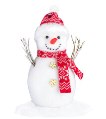 Cute snowman in red hat and scarf isolated on white background. Merry Christmas and Happy New Year!...