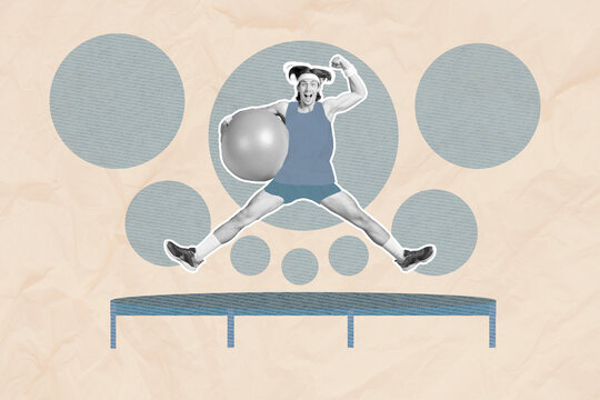 Photo sketch collage graphics artwork picture of lucky jumping trampoline holding fit ball isolated drawing background