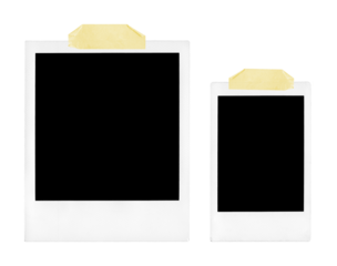 Two polaroid photo frames with tape strips on transparent background, png file