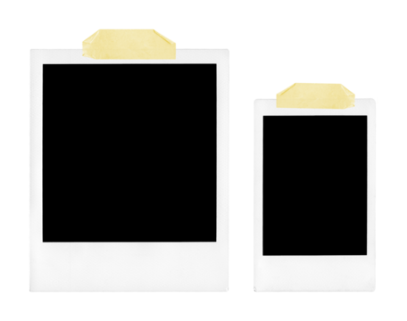 Two polaroid photo frames with tape strips on transparent background, png file