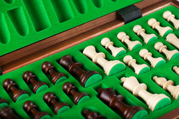 Naklejka premium Chess pieces lying in a green box.