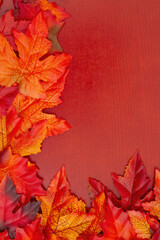 Fall leaves on wood autumn background