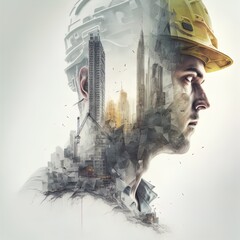 Naklejka na ściany i meble Double exposure photo of man in hard hat in various situations at work made with Generative AI.