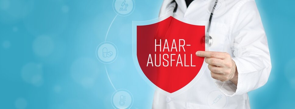 Haarausfall. Arzt h&auml;lt rotes Schutzschild umgeben von Icons im Kreis. Medizinisches Wort im Symbol