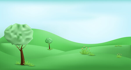 3d landscape mountain and hills illustration with 3d trees, cloud and sun. vector illustration.