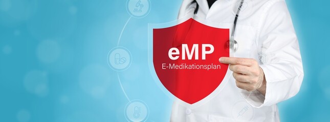 E-Medikationsplan (eMP). Arzt hält rotes Schutzschild umgeben von Icons im Kreis. Medizinisches...