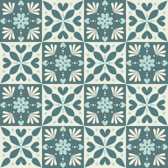 Blue pastel stylish ceramic tile, square seamless pattern with ornate swirls and fancy flowers, ceramic tile