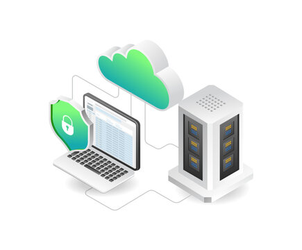 flat isometric concept of server computer analytics illustration