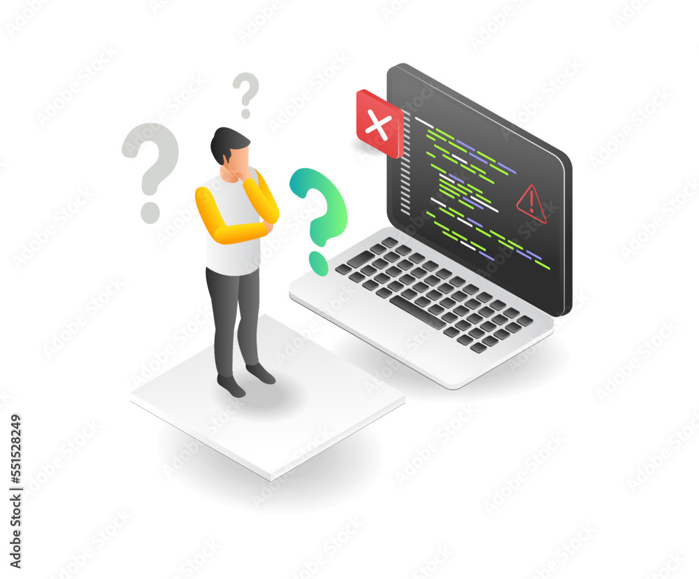 Poster flat isometric concept illustration of programmer confused with his work problem