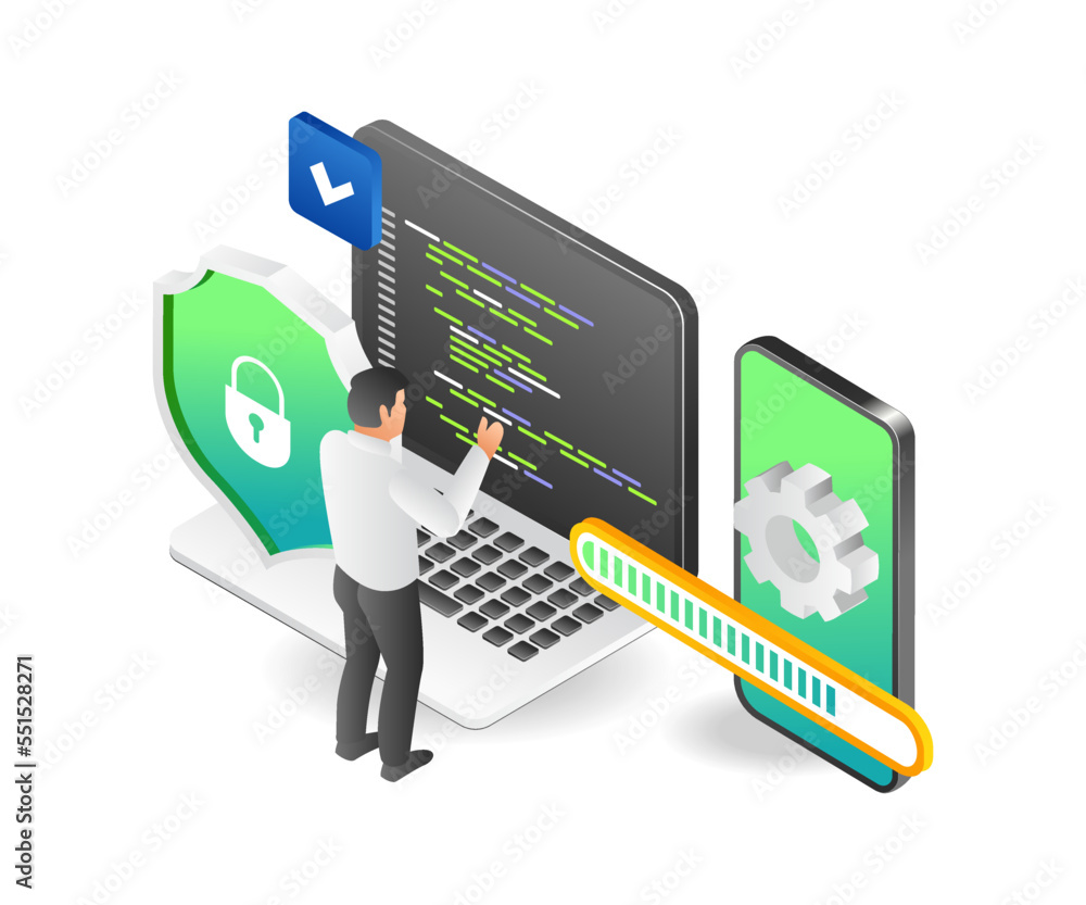 Poster Flat isometric concept illustration of a programmer building a smartphone app