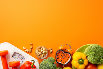 Weight loss concept. Top view photo of scales dumbbells plate with vegetables bell pepper cauliflower cabbage nuts and apple shaped alarm clock on isolated orange background with empty space