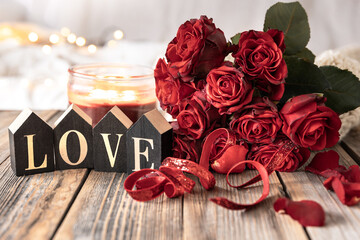 Background for Valentine's Day with a bouquet of roses and decorative details.
