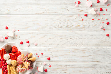 Valentine's Day concept. Top view photo of heart shaped saucer with chocolate jelly candies and cookies on white wooden desk background with copyspace