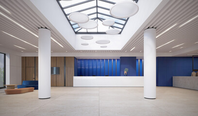 Reception waiting area lobby with wardrobe with blue wall decorate investment company design on white marble floor and information desk with soft blue seats 3d rendering.