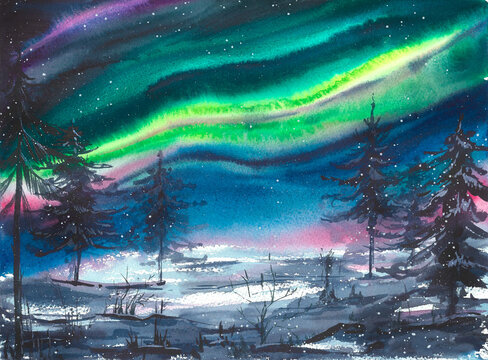 Watercolor, winter illustration, landscape with the northern lights in the night sky, with snow and Christmas trees. For decoration and design of Christmas prints, postcards, cards, posters, paintings