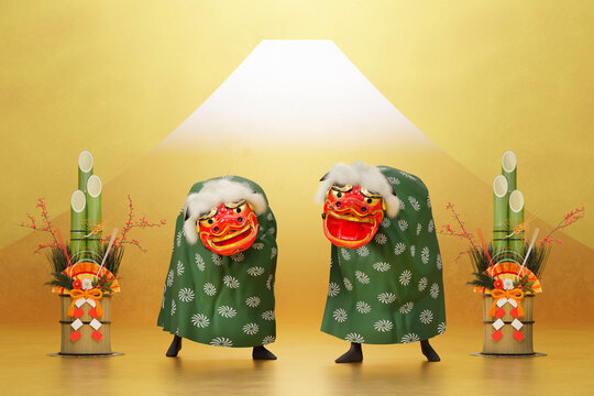金の背景に置かれた門松と獅子舞 / 初売り・新春セール用背景素材 / 3Dレンダリング