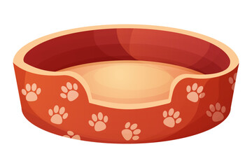 Cute dog or cat bed decorated with paw pattern in cartoon style isolated on white background. Pet accessory, comfortable crib, basket for rest.