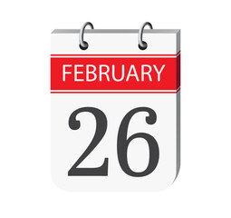 26 february calendar page vector. 3d one day calendar date appointment, event reminder illustration. Abstract three dimensional daily date calendar.
