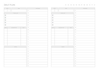 A daily plan design template in a modern, simple, and minimalist style. Note, scheduler, diary, calendar, planner document template illustration.