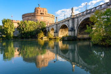 Castle of Holy Angel (Castel Sant'Angelo) and St. Angel bridge (Ponte Sant'Angelo) over Tiber river in Rome, Italy