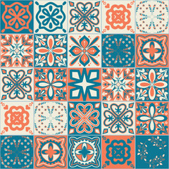 Square ceramic tiles in mediterranean style, orange blue pattern