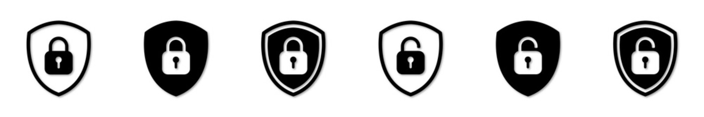 Set of Shield Lock and Unlock Icon. Symbol padlock. Vector sign Illustration.