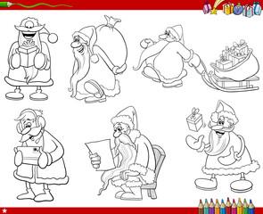 Fototapeta na wymiar cartoon Santa Clauses giving Christmas gifts to kids coloring page