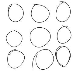 Doodle set of black hand drawn circle line sketch set. Vector circular scribble doodle round circles for message note mark design element. Pencil or pen highlighter elipses