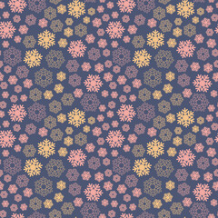 Crystal snowflake on dark background seamless pattern for textile design. Vector illustration simply flat style