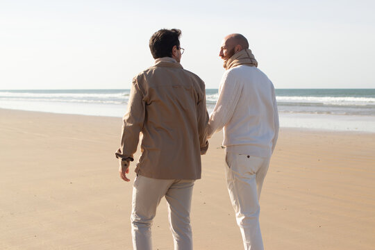 Gay couple walking together on beach. Rear view of homosexual men holding hands and talking outdoors. LGBT concept