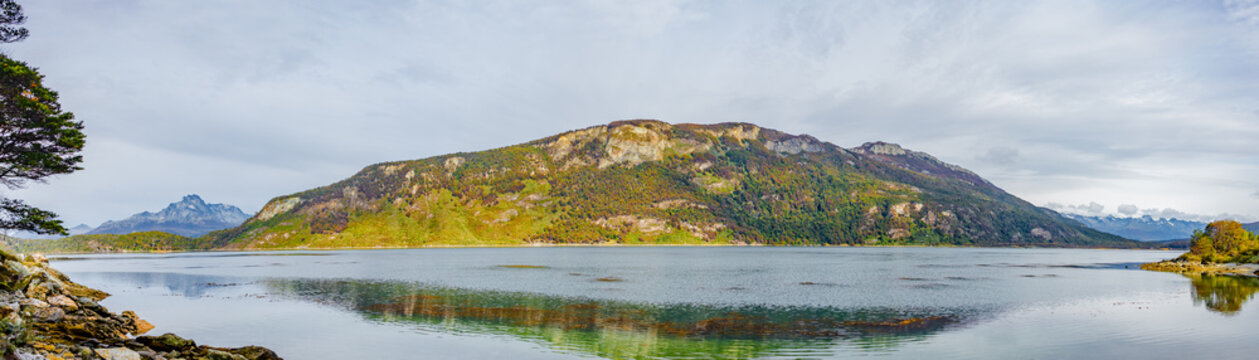 Panoramic view over beautiful and colorful landscape at Ensenada Zaratiegui Bay in Tierra del Fuego National Park, near Ushuaia and Beagle Channel, Patagonia, Argentina, early Autumn.