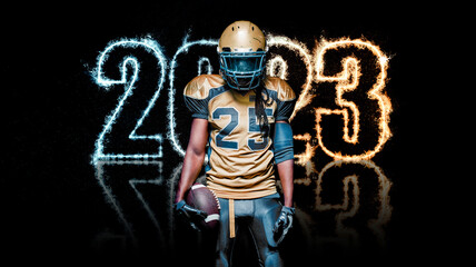 American football player on the black background with fire. Sports template for calendar design on...