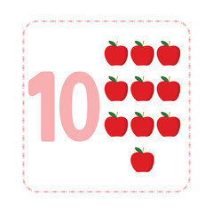 Cartoon Illustration Set of Fruit Flashcards with Numbers. Number Ten with Apple
