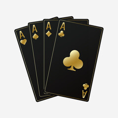 A fan of playing cards consisting of four black and golden Ace of Spades, Diamonds, Clubs, Hearts. Vector illustration poker and casino of all the aces on a white background.