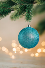 Christmas tree decorated with xmas balls closeup. Greeting card mockup