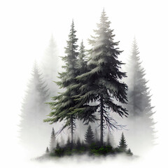 Obraz premium foggy spruce forest. Fir trees isolated on white background