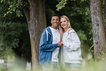 pleased interracial couple holding hands and looking away while standing in park