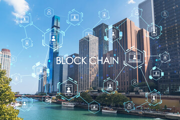 Panorama cityscape of Chicago downtown and Riverwalk, boardwalk with bridges at day time, Chicago, Illinois, USA. Decentralized economy. Blockchain, cryptography and cryptocurrency concept, hologram