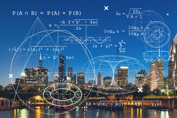 City view of Downtown skyscrapers of Chicago skyline panorama over Lake Michigan, harbor area, night time, Illinois, USA. Education concept. Academic research, top ranking universities, hologram