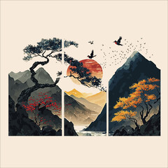 Mountain Canvas Art Print. Traditional watercolor oriental, Japanese style. Vector illustration